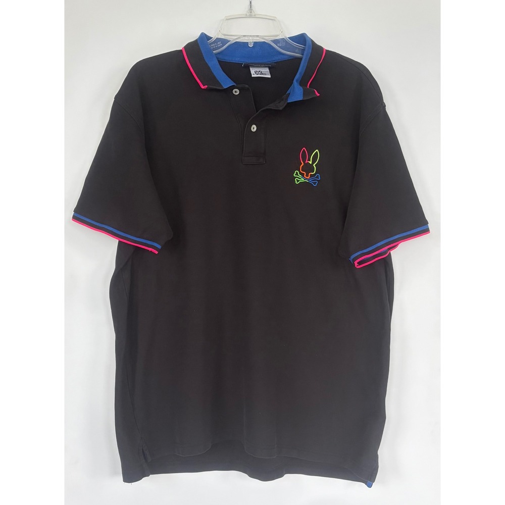 Psycho Bunny Mens XXL Black Neon Logo Polo Shirt Multi Color Embroidered Casual